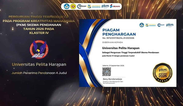 Empat tim mahasiswa UPH berhasil memperoleh pendanaan Program Kreativitas Mahasiswa (PKM) 2026, sekaligus mengantarkan UPH meraih penghargaan Perguruan Tinggi Terproduktif Klaster IV pada PKM Awards 2026 yang diselenggarakan Belmawa Kemdiktisaintek di UPN Veteran Jakarta, 21 September 2026.