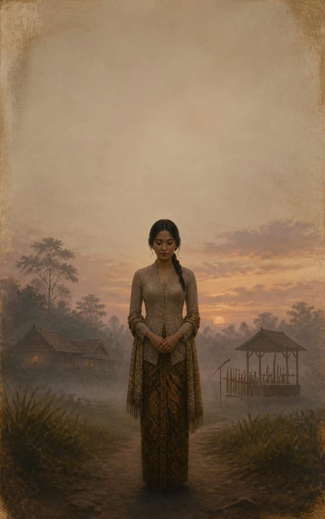 Ilustrasi ini di buat dan di edit sendiri melalui : https://canva.link/d51vc08p2of825l , Seorang wanita berpakian adat jawa di tengah perkampungan berkabut tebal