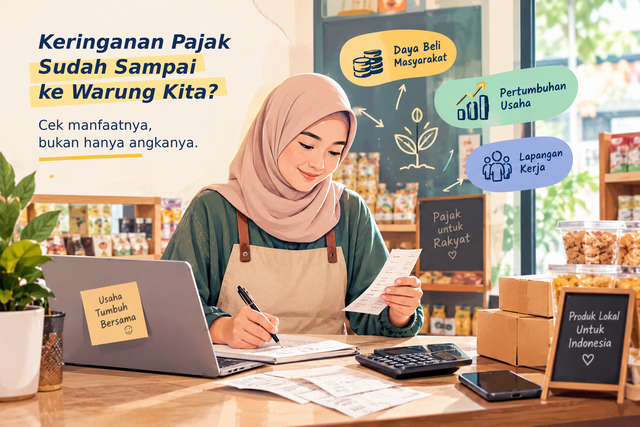Ilustrasi pelaku usaha kecil mencatat transaksi di tokonya, dengan daya beli, pertumbuhan usaha, dan lapangan kerja sebagai harapan dari insentif pajak. (Sumber ilustrasi: AI, dibuat khusus untuk artikel ini)