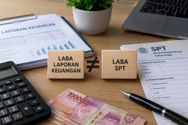 lustrasi mengenai perbedaan laba dalam laporan keuangan dan laba dalam Surat Pemberitahuan (SPT) Tahunan, dengan elemen uang rupiah, kalkulator, laporan keuangan, dan dokumen perpajakan. Sumber: Ilustrasi dibuat menggunakan AI (ChatGPT/OpenAI), 2026.