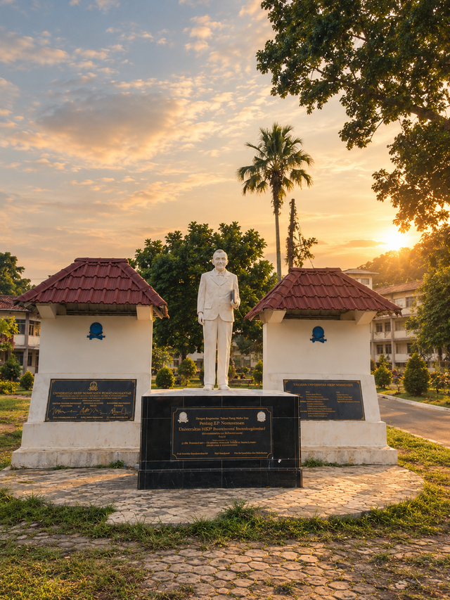Figure1. Photo: Original photograph, enhanced with AI-assisted editing.  A campus monument at sunset.
