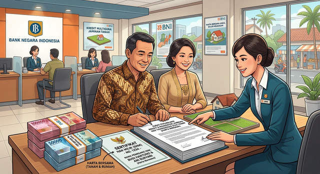 Ilustrasi suami istri sedang menjaminkan tanahnya ke perbankan. Foto: Generate by AI