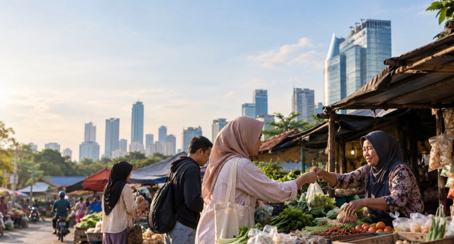 Aktivitas jual beli di pasar tradisional yang menggambarkan daya beli masyarakat dalam kehidupan sehari-hari. Kredit gambar: Ilustrasi dibuat menggunakan AI.