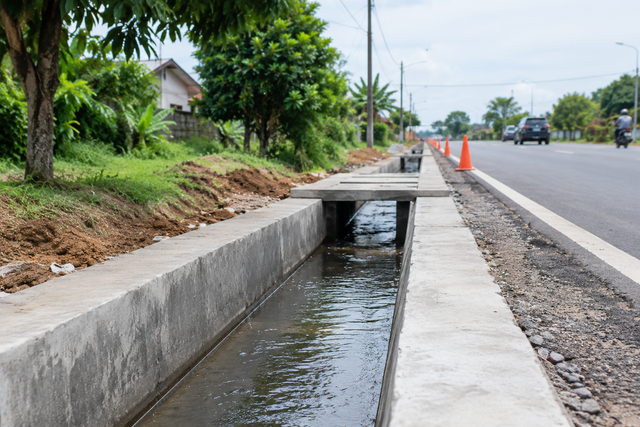 Drainase merupakan sistem saluran yang berfungsi mengalirkan dan membuang kelebihan air, terutama air hujan, agar tidak terjadi genangan di jalan maupun kawasan permukiman. Keberadaan drainase yang baik dapat membantu menjaga lingkungan tetap nyaman dan mengurangi risiko banjir. Foto : chatgpt