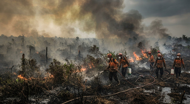 Ilustrasi petugas saat memadamkan kebakaran hutan dan lahan (karhutla). Sumber: Dok. Pribadi/AI
