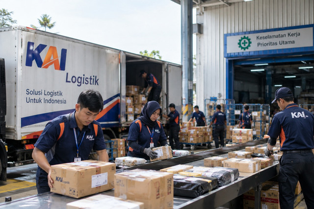 Aktivitas pekerja di pusat distribusi dalam menangani paket selama periode peningkatan pengiriman. Ilustrasi dibuat menggunakan AI.