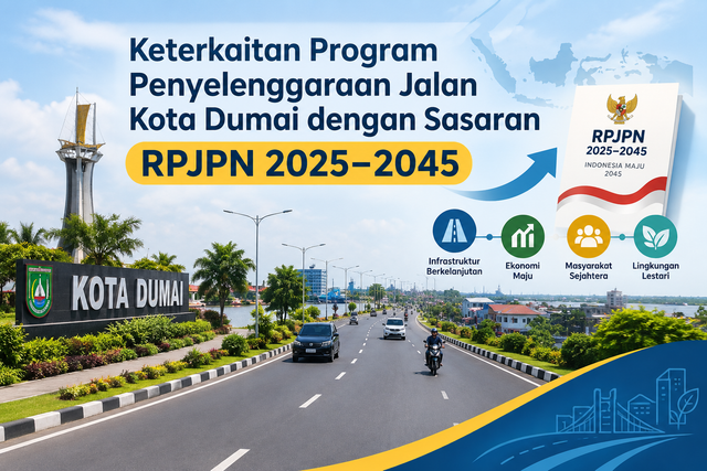 Sumber gambar: Ilustrasi dibuat menggunakan AI melalui ChatGPT (OpenAI), 2026. Konsep visual mengacu pada tema penyelenggaraan jalan di Kota Dumai dan pembangunan jangka panjang nasional dalam RPJPN 2025–2045.
