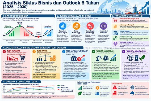 Infografis siklus bisnis, lima perspektif teori ekonomi, dan skenario perkembangan ekonomi menuju 2030. Visualisasi: Endang Sukandar, dibuat dengan bantuan AI. Referensi analisis: UN DESA, ADB, LPEM FEB UI, dan BPS. Grafik pertumbuhan merupakan simulasi konseptual penulis, bukan proyeksi resmi.