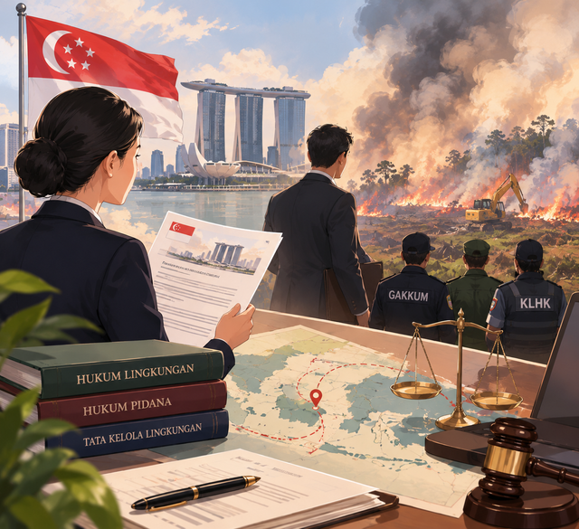 Ilustrasi kebakaran hutan dan lahan di Indonesia yang menimbulkan persoalan pencemaran asap lintas negara. Kondisi ini menjadi perhatian dalam penegakan hukum lingkungan, khususnya terkait kewenangan Indonesia dan Singapura dalam meminta pertanggungjawaban perusahaan yang diduga terlibat dalam pembakaran lahan.Sumber: Ilustrasi dibuat menggunakan AI