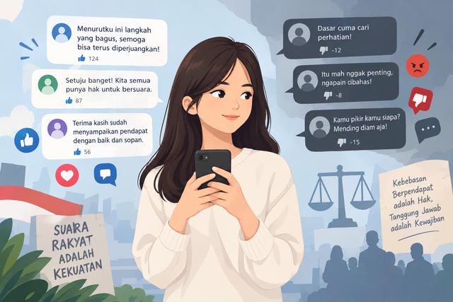 Ilustrasi kebebasan berpendapat dan tanggung jawab warga negara di media sosial. Sumber: Ilustrasi AI, dibuat dengan ChatGPT.
