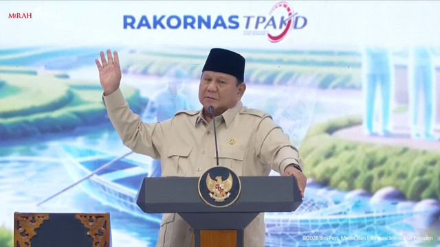 Presiden Prabowo Subianto berpidato saat Rakornas Tim Percepatan Akses Keuangan Daerah 2026 di JIEXPO Convention Centre, Jakarta, Kamis (22/10/2026). Foto: YouTube/ Sekretariat Presiden