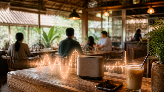 Ilustrasi lagu AI di kafe: speaker memutar musik buatan AI di meja kasir. Sumber: dibuat dengan Canva AI.