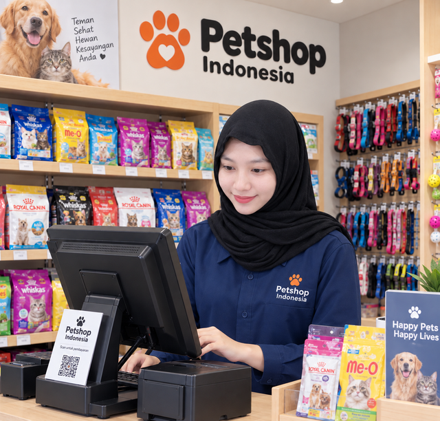 Kasir di pet shop sedang memproses transaksi penjualan dan mencatat data ke dalam sistem akuntansi. ( Foto : Ilustrasi gambar ini dibuat oleh AI )