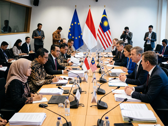 Pertemuan diplomasi terkait EUDR antara delegasi Indonesia, Malaysia, dan Uni Eropa. (Sumber: Ilustrasi AI)