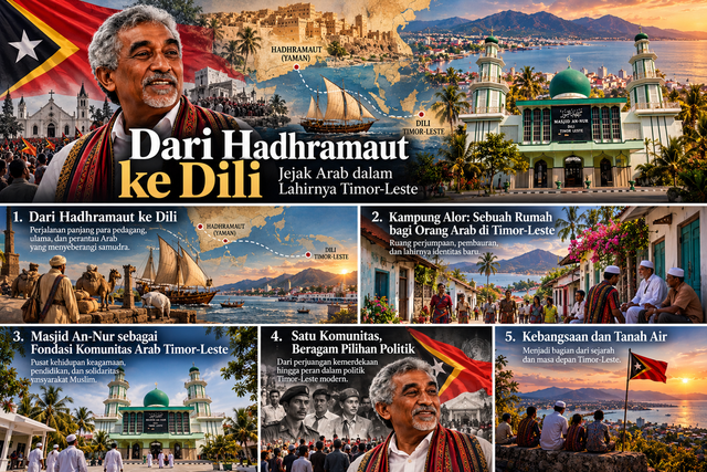 Ilustrasi lintasan sejarah komunitas Arab-Hadhramaut di Timor-Leste. Sumber gambar: gambar buatan AI. 