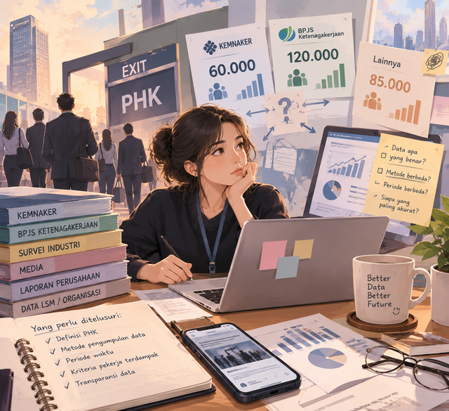 Pentingnya keselarasan informasi antarinstansi. Perbedaan metode pendataan, periode pelaporan, dan cakupan pekerja terdampak menjadi tantangan dalam menghasilkan data ketenagakerjaan yang akurat, transparan, dan dapat dipertanggungjawabkan. Sumber: Ilustrasi dibuat menggunakan AI