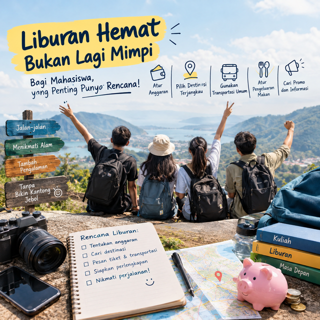 Ilustrasi ini menggambarkan seorang mahasiswa yang sedang menikmati perjalanan wisata alam sambil melihat peta dengan perlengkapan perjalanan sederhana. Gambar ini merepresentasikan tips liburan hemat bagi mahasiswa dengan budget terbatas, seperti mengatur anggaran, memilih destinasi terjangkau, menggunakan transportasi umum, membawa bekal, serta mencari promo dan diskon. Sumber foto: ilustrasi ini dibuat menggunakan AI melalui ChatGPT Image Generator, 2026.
