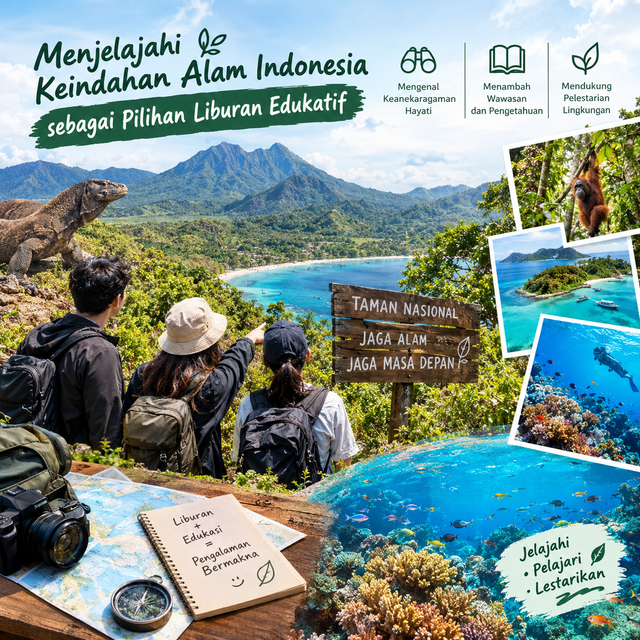 Ilustrasi kolase keindahan alam Indonesia yang menampilkan pegunungan, hutan tropis, pantai, keanekaragaman satwa, dan keindahan bawah laut. Gambar ini menggambarkan wisata alam sebagai pilihan liburan edukatif yang memberikan pengalaman untuk mengenal keanekaragaman hayati, menambah wawasan, serta meningkatkan kepedulian terhadap pelestarian lingkungan.Sumber foto: Dokumentasi ilustrasi yang dibuat menggunakan AI (OpenAI Image Generation), 23 Oktober 2026. Gambar ini merupakan ilustrasi digital, bukan foto dokumentasi langsung dari lokasi wisata tertentu.