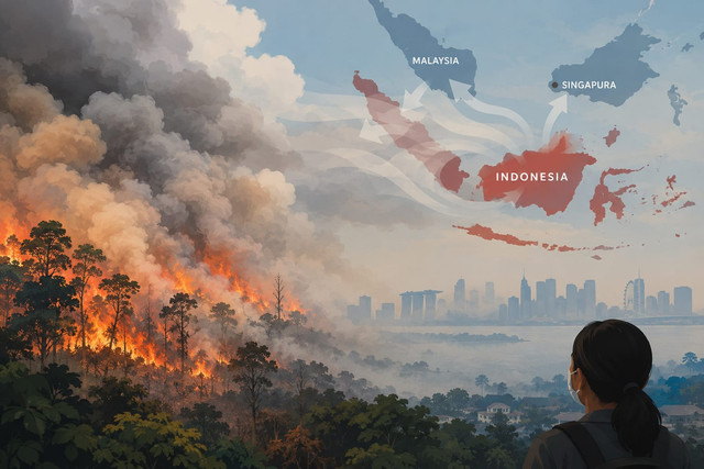 ilustrasi: karhutla Indonesia menyebabkan asap lintas batas negara hingga Malaysia dan Singapore. Dibuat menggunakan AI oleh penulis