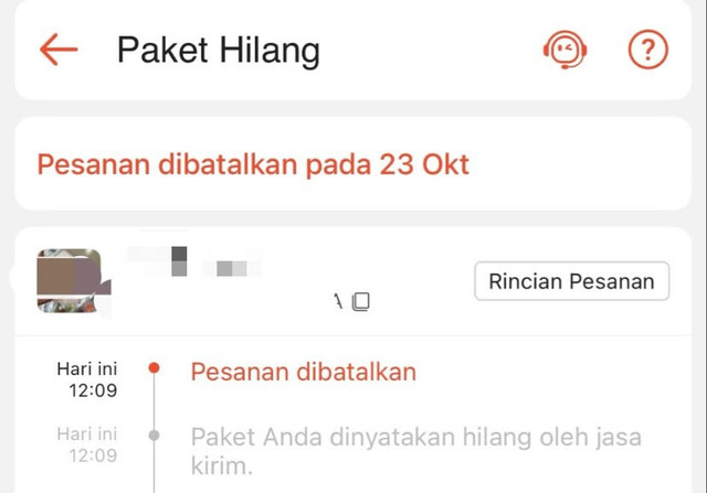 Tangkapan layar status pesanan yang dinyatakan hilang oleh jasa kirim. Sumber: dokumentasi pribadi penulis.
