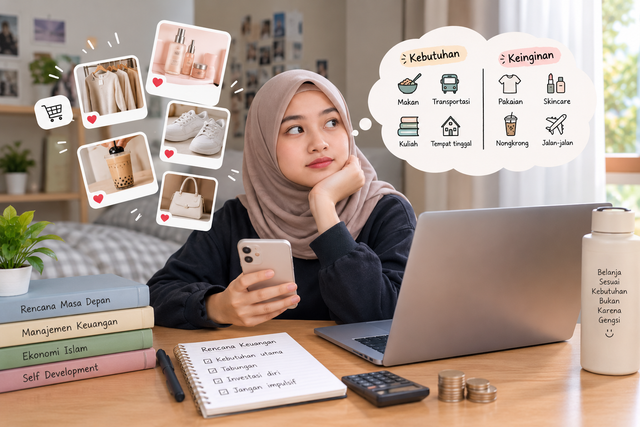 Ilustrasi mahasiswa dalam menghadapi tren belanja dan menentukan prioritas antara kebutuhan dan keinginan. Sumber: Ilustrasi dibuat menggunakan AI (OpenAI), 2026.