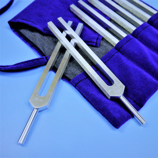 Metal tuning forks in a blue-purple pouch for sound therapy and meditation.Image by マサコ アーント from Pixabay