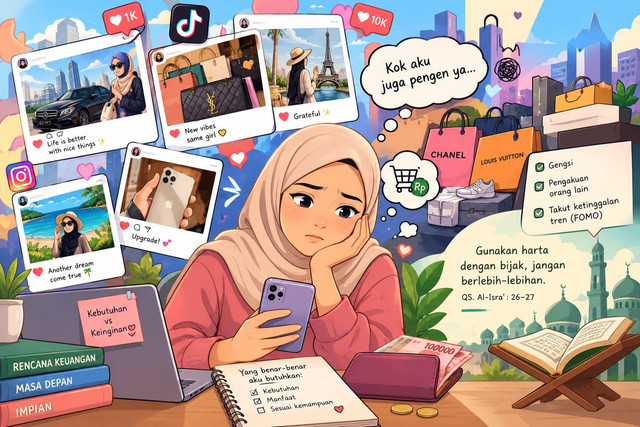 Flexing dan FOMO: Takut Ketinggalan, Lupa Batas Kemampuan. Ilustrasi fenomena flexing dan FOMO di media sosial. Gambar: Dibuat menggunakan ChatGPT AI.