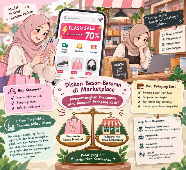 Perkembangan marketplace membuat masyarakat semakin mudah berbelanja. Konsumen dapat membeli berbagai kebutuhan melalui ponsel tanpa harus datang ke toko. Diskon, cashback, dan gratis ongkir menjadi daya tarik yang membuat belanja online semakin diminati. Namun, di balik keuntungan tersebut, muncul persoalan yang perlu diperhatikan: apakah perang harga di marketplace benar-benar menguntungkan semua pihak, termasuk pedagang kecil?