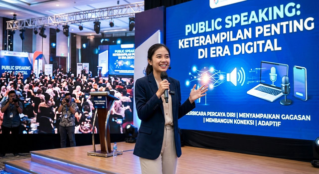 sumber : digenerate AI | Kemampuan public speaking membantu seseorang membangun kepercayaan diri dan komunikasi yang efektif