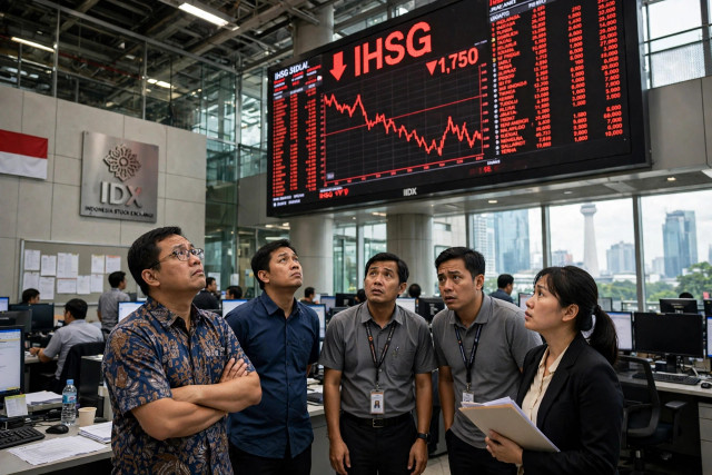 Ilustrasi gambar suasana perdagangan saat indeks mengalami tekanan. IHSG sempat anjlok 11,57% ke level 5.185 pada 16 Oktober 2026. (Ilustrasi: Meta AI)