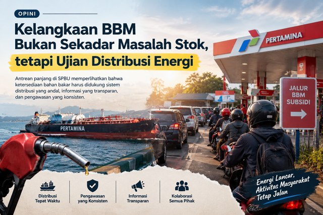 Ilustrasi: Antrean panjang di SPBU menunjukkan bahwa ketersediaan BBM tidak hanya bergantung pada jumlah stok, tetapi juga kelancaran distribusi, transparansi informasi, dan kesiapan pemerintah dalam memenuhi kebutuhan energi masyarakat. Generated: AI