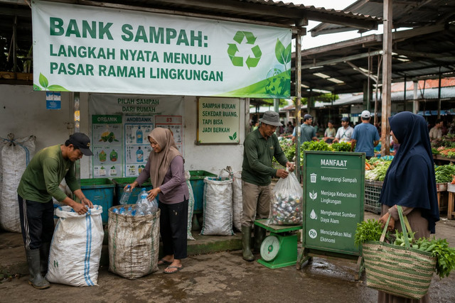 Aktivitas bank sampah di pasar tradisional menuju pasar ramah lingkungan yang bersih dan bebas plastik. Foto: Dibuat menggunakan ChatGPT AI