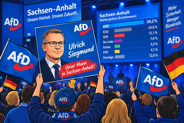 Para pendukung AfD merayakan dengan membawa papan yang menampilkan kandidat unggulan Ulrich Siegmund setelah hasil awal pemilihan negara bagian Saxony-Anhalt di acara malam pemilihan partai tersebut di Magdeburg, Jerman, Minggu, 6 September 2026. Foto: AI Generated