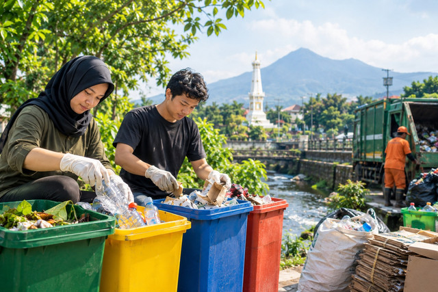 Ilustrasi pengelolaan sampah di Yogyakarta yang menampilkan aktivitas pemilahan sampah, petugas kebersihan, dan lingkungan perkotaan di sekitar sungai. Sumber: Dibuat menggunakan AI ChatGPT (OpenAI), 24 Oktober 2026.