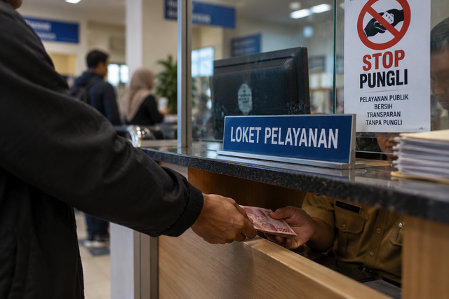 Ilustrasi pungli dalam birokrasi di loket pelayanan publik yang menyoroti pentingnya transparansi dan pengawasan. (Foto: AI Generated)