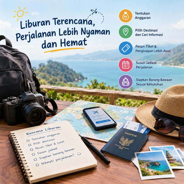 Gambar ini menggambarkan pentingnya merencanakan liburan agar perjalanan lebih nyaman dan hemat. Terlihat perlengkapan perjalanan seperti tas, kamera, peta, paspor, tiket, dan buku catatan berisi daftar persiapan liburan. Gambar ini juga menampilkan beberapa tips, seperti menentukan anggaran, memilih destinasi, memesan tiket dan penginapan lebih awal, menyusun jadwal perjalanan, serta menyiapkan barang bawaan sesuai kebutuhan.Sumber Foto: Ilustrasi dibuat menggunakan AI (ChatGPT Image Generator), 24 Oktober 2026.