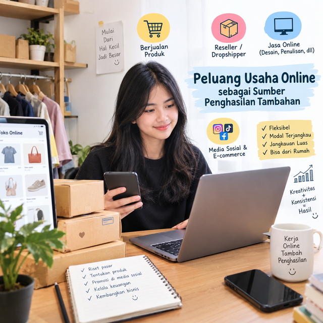 Gambar ini menggambarkan peluang usaha online sebagai sumber penghasilan tambahan melalui kegiatan berjualan produk, menjadi reseller atau dropshipper, dan menawarkan jasa secara online. Pemanfaatan laptop, smartphone, media sosial, dan platform e-commerce dapat membantu pelaku usaha menjangkau konsumen lebih luas. Usaha online juga menawarkan fleksibilitas waktu dan dapat dimulai dari rumah dengan modal sesuai kemampuan. Keberhasilan usaha membutuhkan kreativitas, konsistensi, pelayanan yang baik, dan pengelolaan keuangan yang tepat.Sumber Foto: Ilustrasi dibuat menggunakan AI (ChatGPT/OpenAI), 2026.