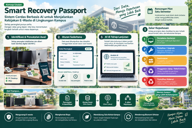 Ilustrasi konsep Smart Recovery Passport untuk membantu kampus mengelola perangkat elektronik dan mengurangi e-waste.