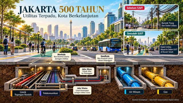 Ilustrasi penataan jaringan utilitas di Jakarta sebagai kota global yang akan berusia 500 tahun *) Sumber : Penulis