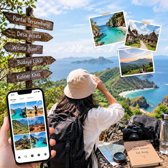 Ilustrasi perjalanan yang menggambarkan anak muda sedang menjelajahi destinasi wisata unik, mulai dari pantai tersembunyi, wisata alam, hingga desa wisata yang memiliki daya tarik budaya lokal. Gambar ini juga menunjukkan peran media sosial dalam memberikan inspirasi perjalanan serta keinginan anak muda untuk menemukan pengalaman liburan yang berbeda dan berkesan. Sumber foto: Ilustrasi dibuat menggunakan AI melalui ChatGPT (OpenAI).