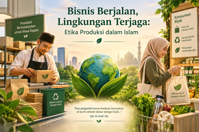 Bisnis Berjalan, Lingkungan Terjaga: Etika Produksi dalam Islam. Ilustrasi tanggung jawab produsen dan konsumen dalam menjaga lingkungan melalui kegiatan produksi dan konsumsi yang berkelanjutan. Gambar: Dibuat menggunakan ChatGPT AI.