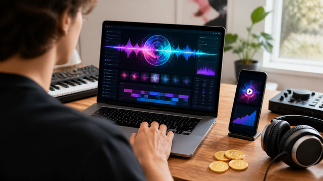 Ilustrasi monetisasi lagu AI: kreator membuat lagu AI di laptop. Sumber: dibuat dengan Canva AI.