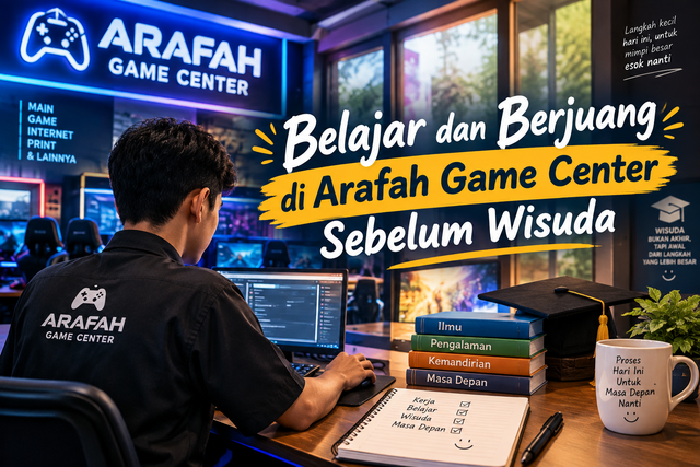 Perjalanan saya di Arafah Game Center bukan hanya tentang bekerja dan mendapatkan penghasilan, tetapi juga belajar, menambah pengalaman, dan membangun kemandirian. Meski terkadang lelah, saya tetap semangat bersama teman-teman yang saling membantu. Saya ingin terus berkembang, menambah ilmu, dan mempersiapkan masa depan yang lebih baik sebelum wisuda. Setiap langkah hari ini adalah bagian dari perjuangan meraih cita-cita.