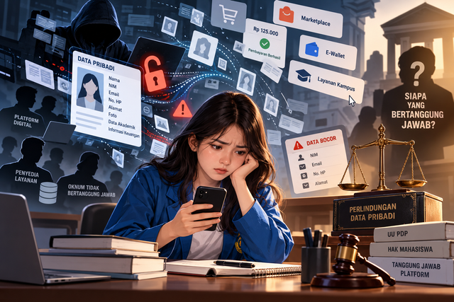 Ilustrasi perlindungan data pribadi mahasiswa dalam transaksi digital. Gambar dibuat menggunakan kecerdasan buatan (AI), bukan foto dokumentasi asli.