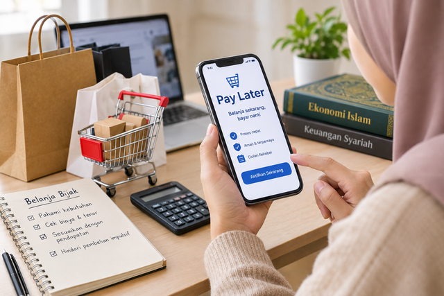 Ilustrasi penggunaan paylater sebagai layanan pembayaran digital yang perlu digunakan secara bijak dengan mempertimbangkan kebutuhan dan kemampuan keuangan. Sumber: ChatGPT AI.