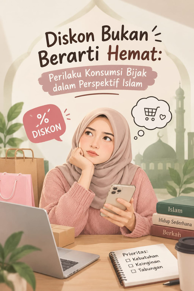 Ilustrasi perilaku konsumsi bijak dalam perspektif Islam. (Sumber: Ilustrasi dibuat menggunakan AI melalui ChatGPT, 2026.)