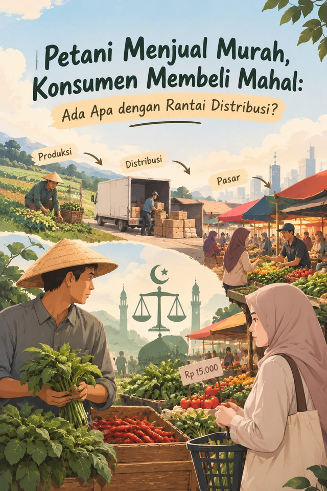 Ilustrasi rantai distribusi pangan dari petani hingga konsumen dan perbedaan harga di setiap tahap. (Sumber: Ilustrasi dibuat menggunakan AI melalui ChatGPT, 2026)