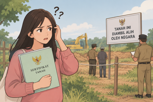 Ilustrasi kebingungan pemilik tanah yang tanahnya diambil alih negara meskipun sudah memiliki sertifikat tanah, dibuat dengan AI. Bukan foto kejadian sebenarnya.