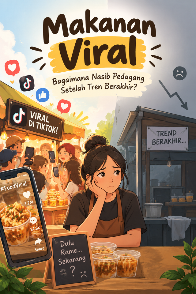 Ilustrasi perbandingan kondisi pedagang makanan viral saat tren sedang ramai dan setelah tren berakhir, serta tantangan mempertahankan keberlangsungan usaha. (Sumber: Ilustrasi dibuat menggunakan AI melalui ChatGPT, 2026)
