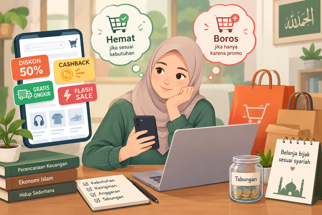 Ilustrasi konsumen yang memanfaatkan promo e-commerce, seperti diskon dan cashback, serta pentingnya mengelola keuangan secara bijak sesuai prinsip Islam. (ChatGPT)